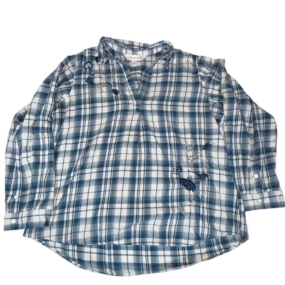 Tantrums Womens XXL Blue White Plaid Embroidered Bird Floral Cotton Tunic